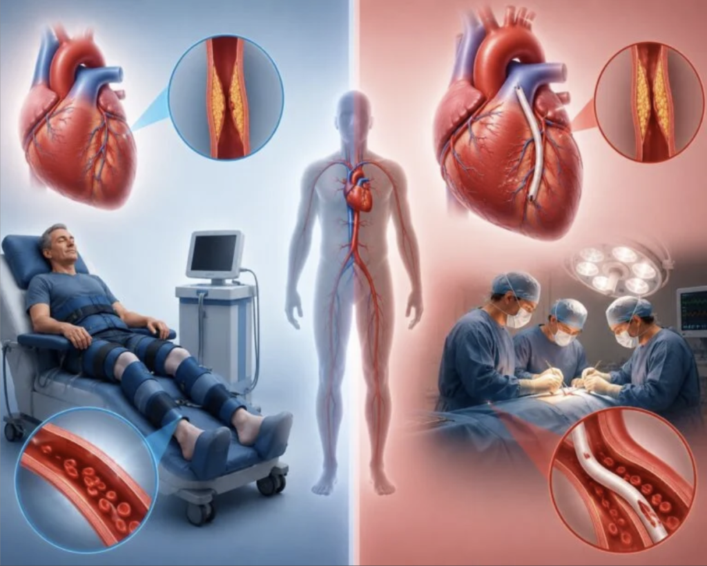 Illustration comparing EECP and bypass surgery
