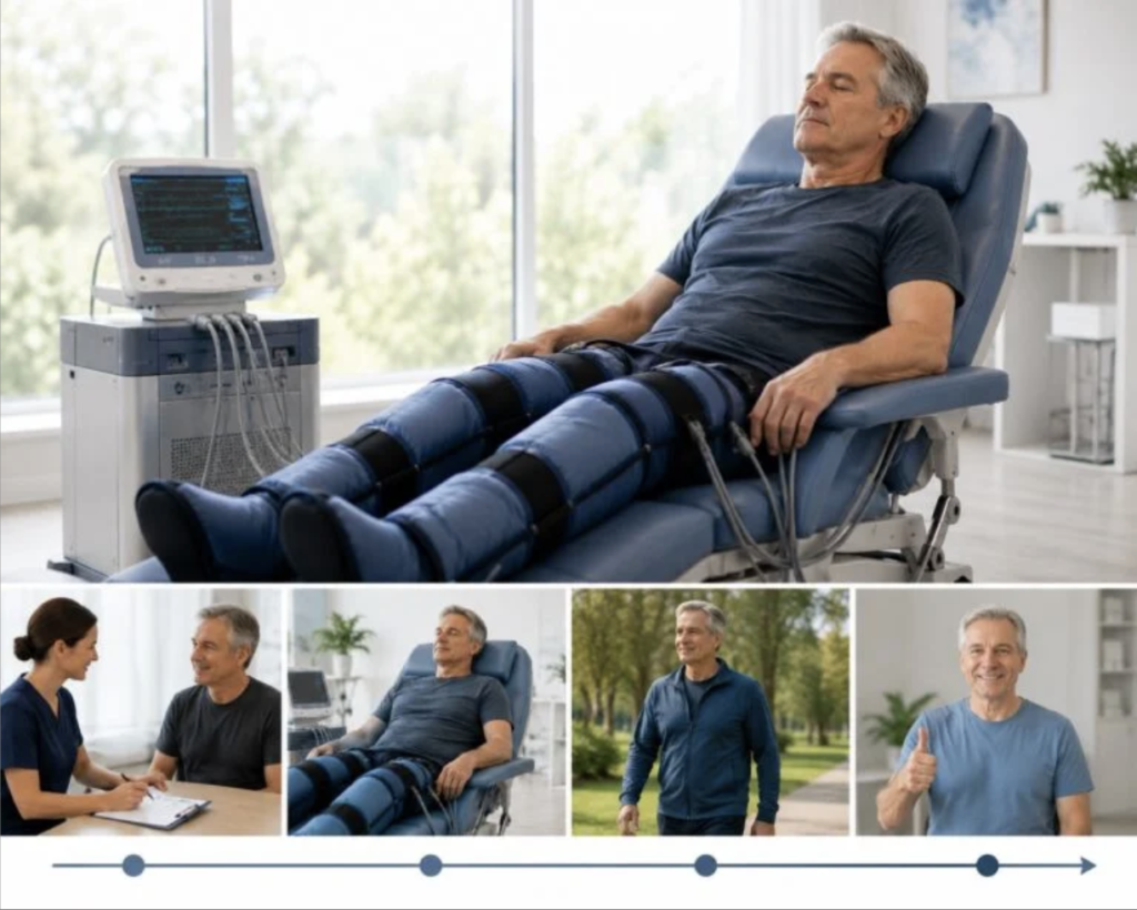 Illustration representing the EECP treatment process and first session