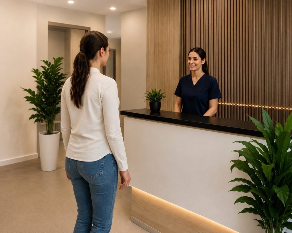Patient checking in for an EECP consultation at the clinic reception