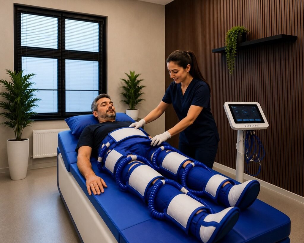 Patient undergoing an EECP treatment session with leg cuffs applied