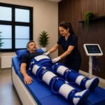 Patient undergoing an EECP treatment session with leg cuffs applied