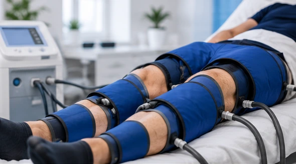 EECP treatment cuffs on a patient legs (illustrative image)