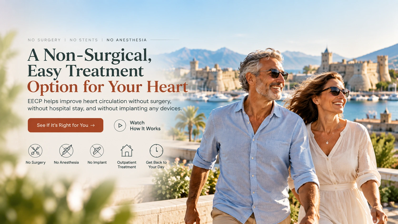 A smiling couple walking along the Cyprus waterfront: a non-surgical, easy treatment option for your heart with EECP