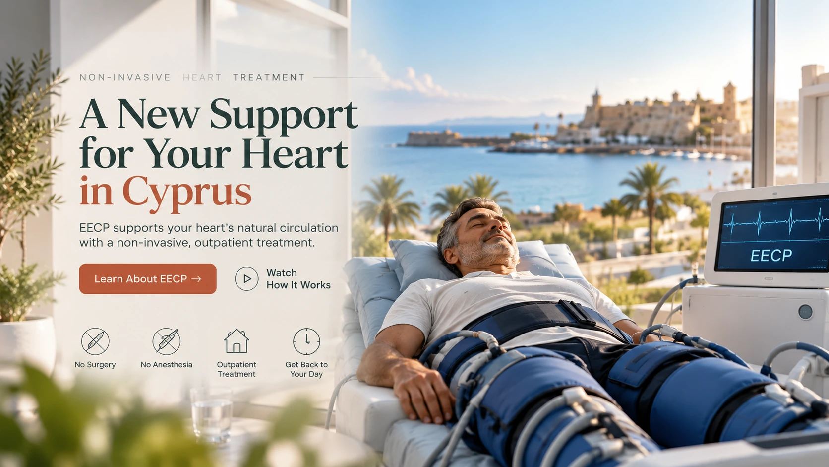 A patient resting during non-invasive EECP treatment with a Cyprus sea view: a new support for your heart in Cyprus